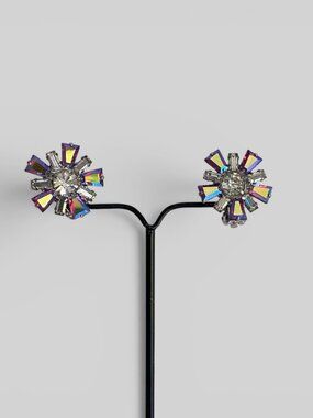 VTG B David Aurora Borealis Rhinestone Starburst Clip On Earrings Silver Tone